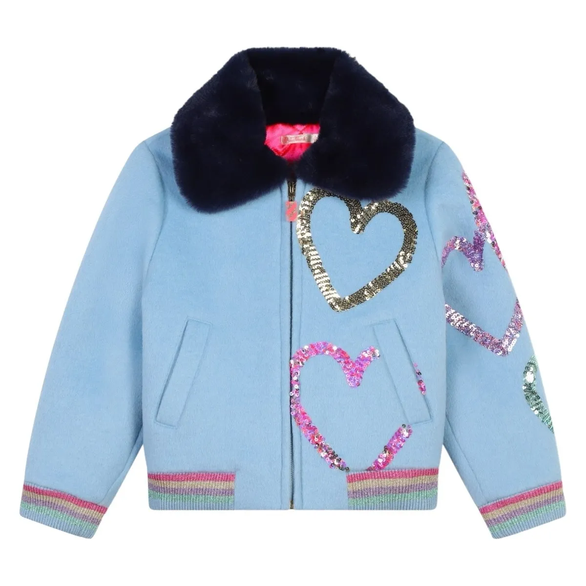 SEQUIN HEARTS FAUX FUR COLLAR JACKET