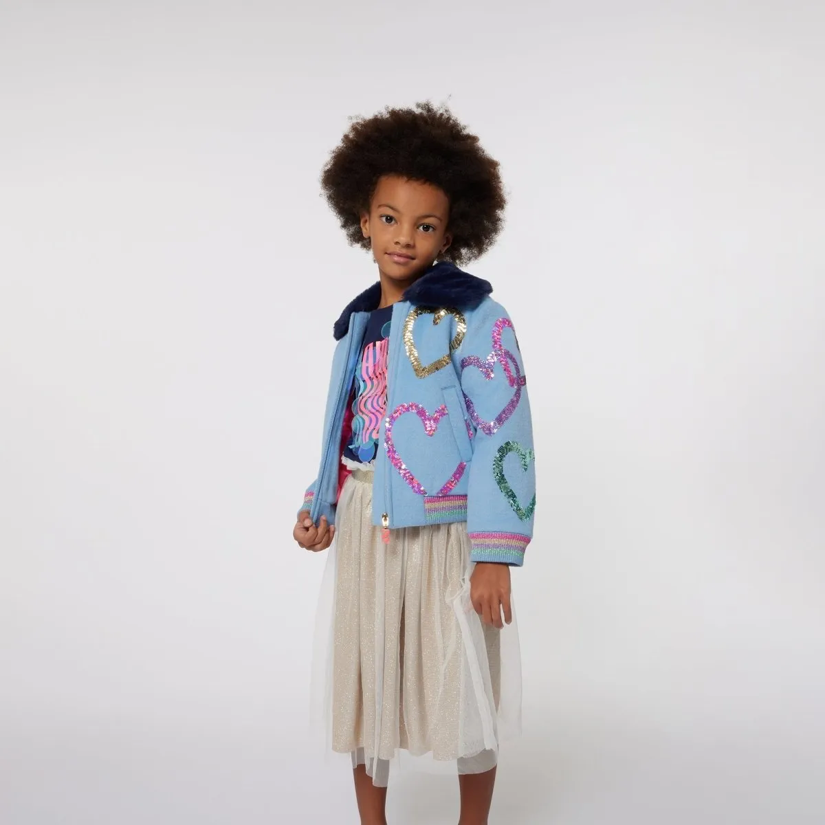 SEQUIN HEARTS FAUX FUR COLLAR JACKET