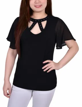 Short Flutter Sleeve Top With Rhinestone Studs