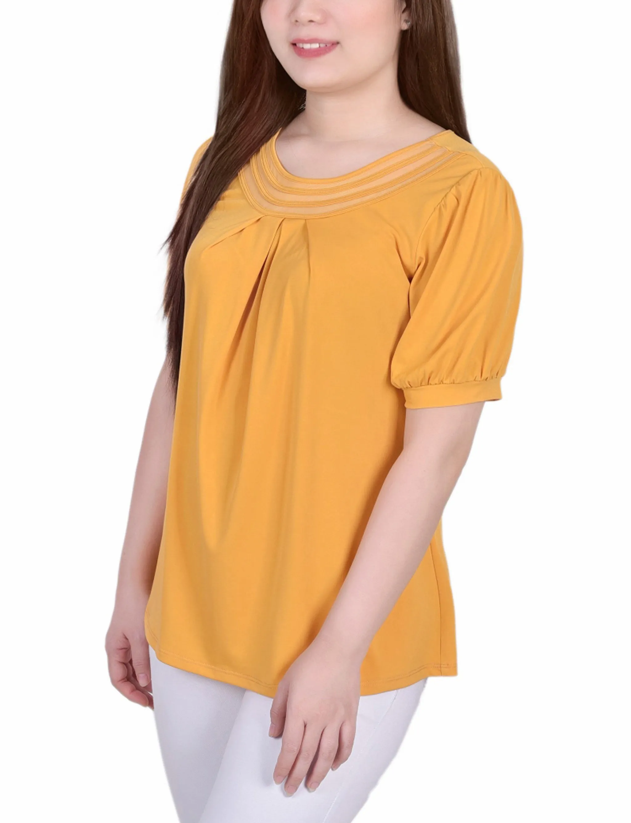 Short Puff Sleeve Sheer Inset Top