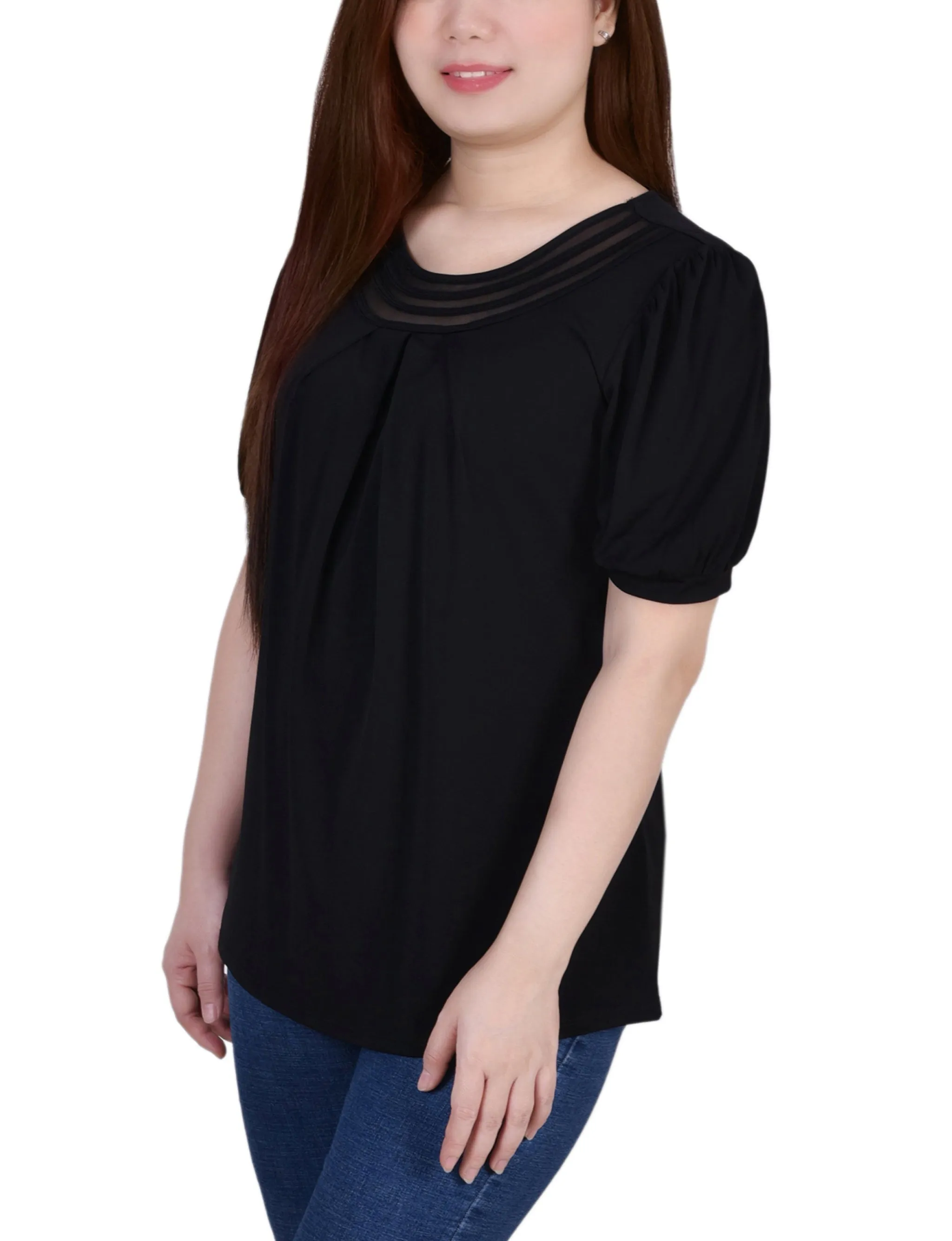 Short Puff Sleeve Sheer Inset Top