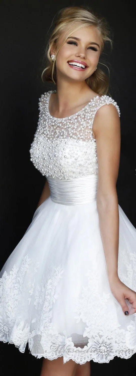 Short White Simple Wedding Dress Decorated with Pearls Bead Top