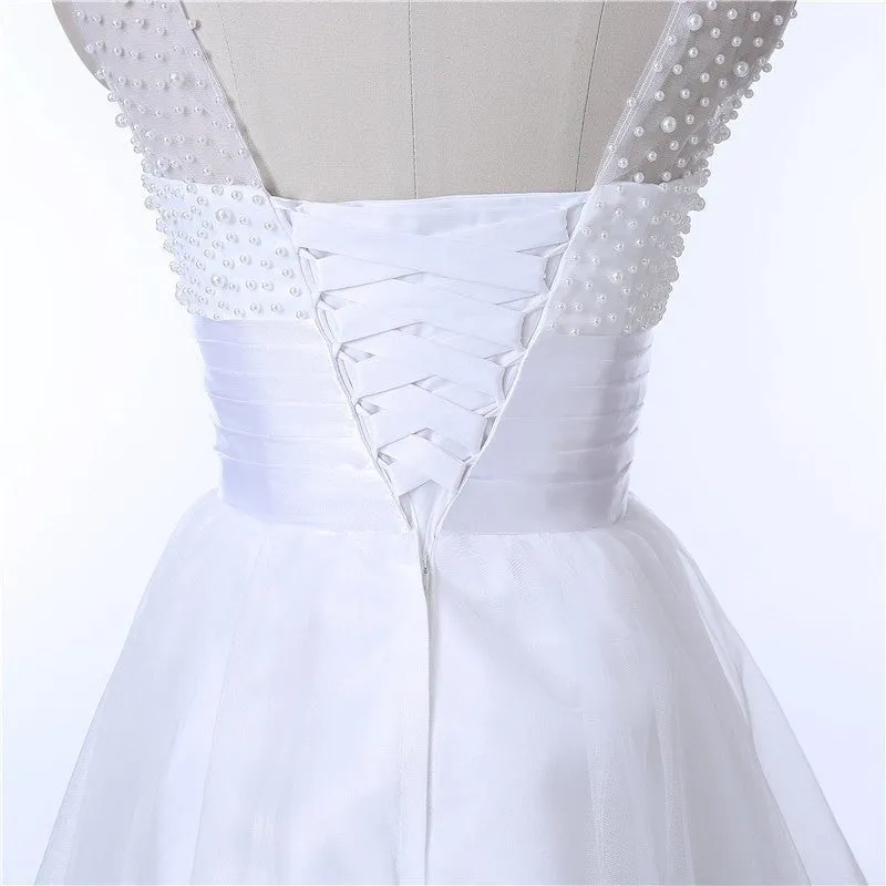 Short White Simple Wedding Dress Decorated with Pearls Bead Top