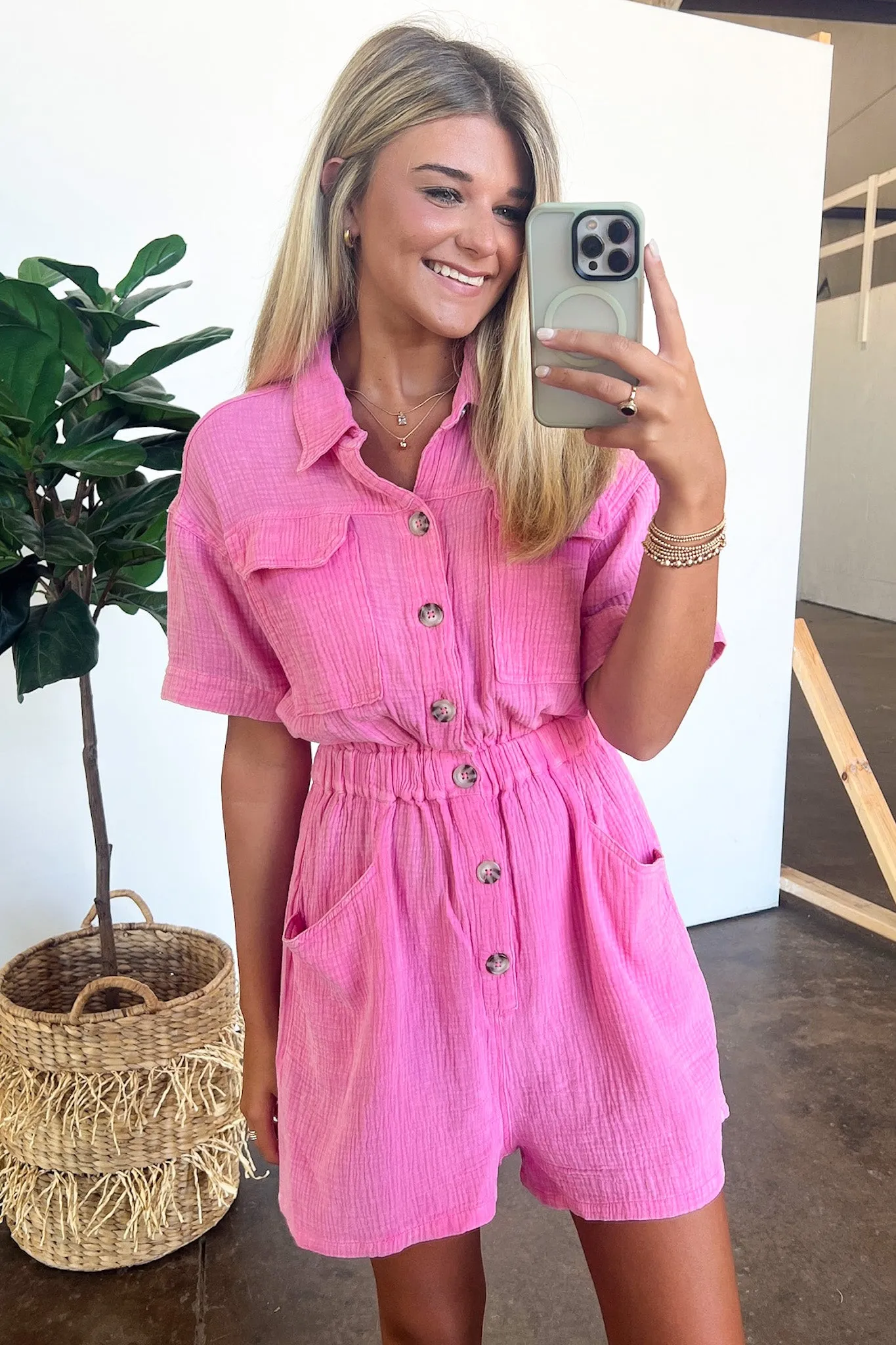 Simoni Mineral Washed Button Down Romper - FINAL SALE