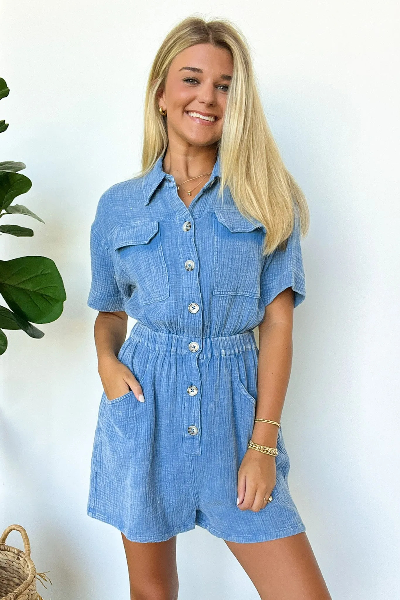 Simoni Mineral Washed Button Down Romper - FINAL SALE