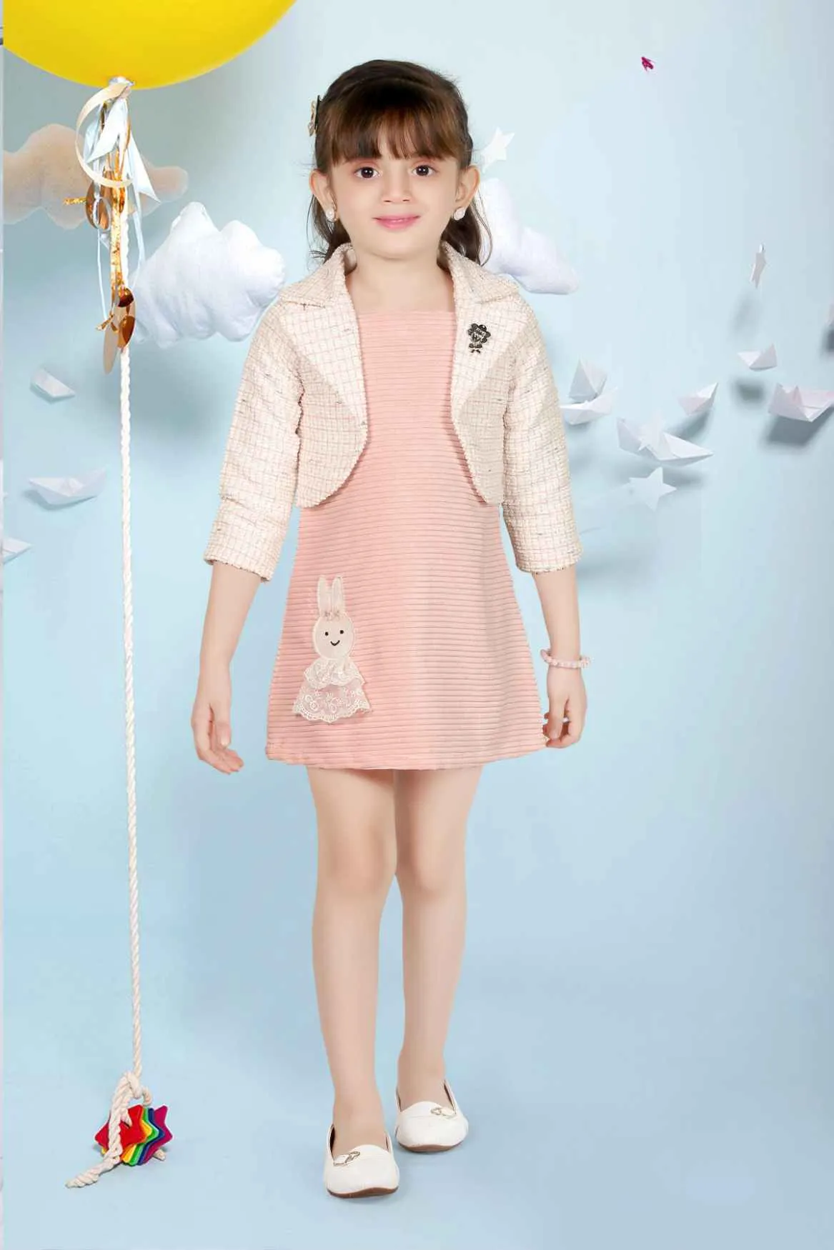 Stylish Peach Dress With Overcoat For Girls