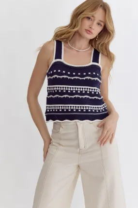 Summer Pier  Crochet Knit Top  - Navy