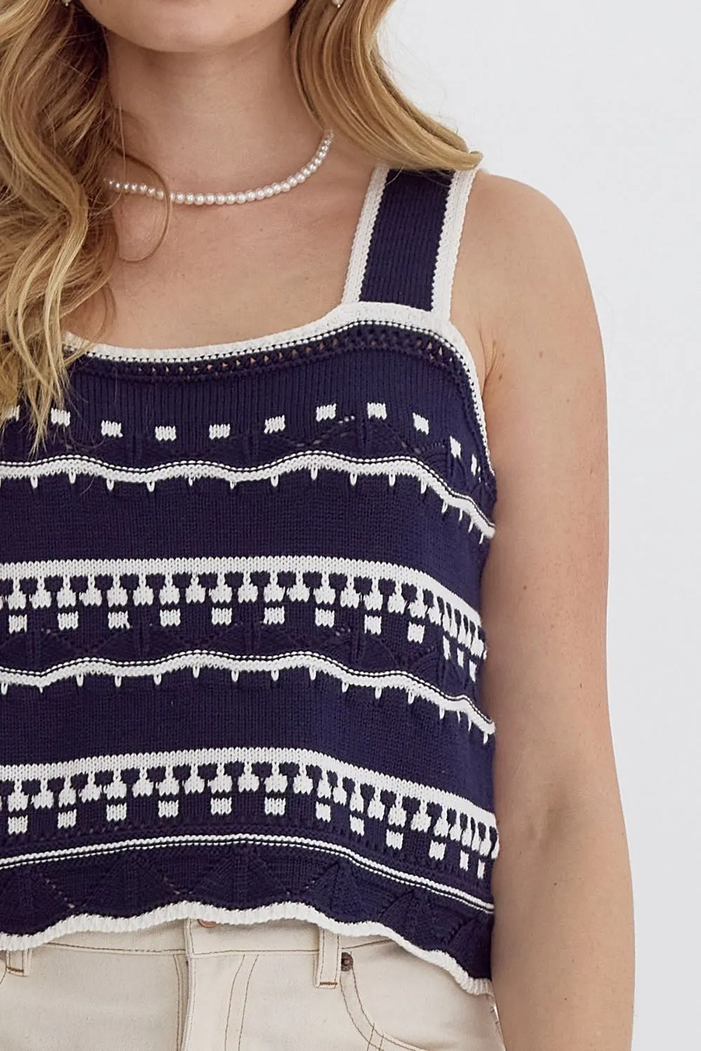 Summer Pier  Crochet Knit Top  - Navy