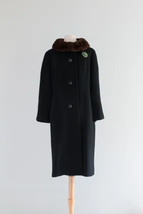 Sumptuous 1950's Black Cocoon Coat With Mink Collar By Rothmoor / ML