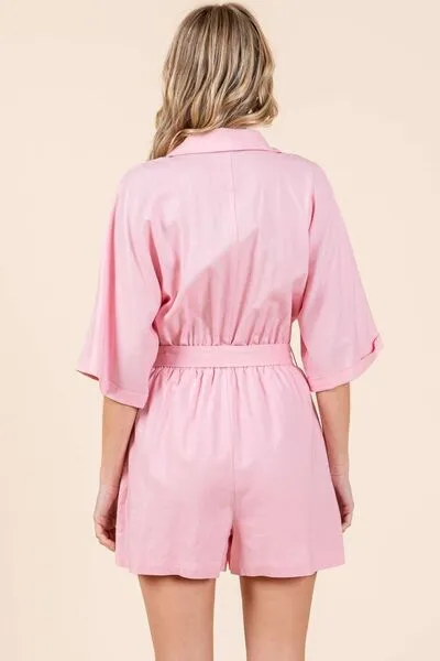 Tie Waist Half Sleeve Romper in Pink