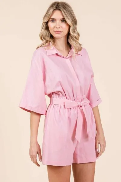 Tie Waist Half Sleeve Romper in Pink