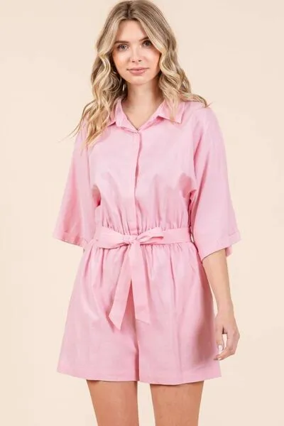 Tie Waist Half Sleeve Romper in Pink