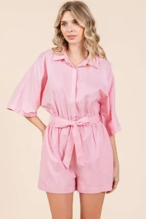 Tie Waist Half Sleeve Romper in Pink