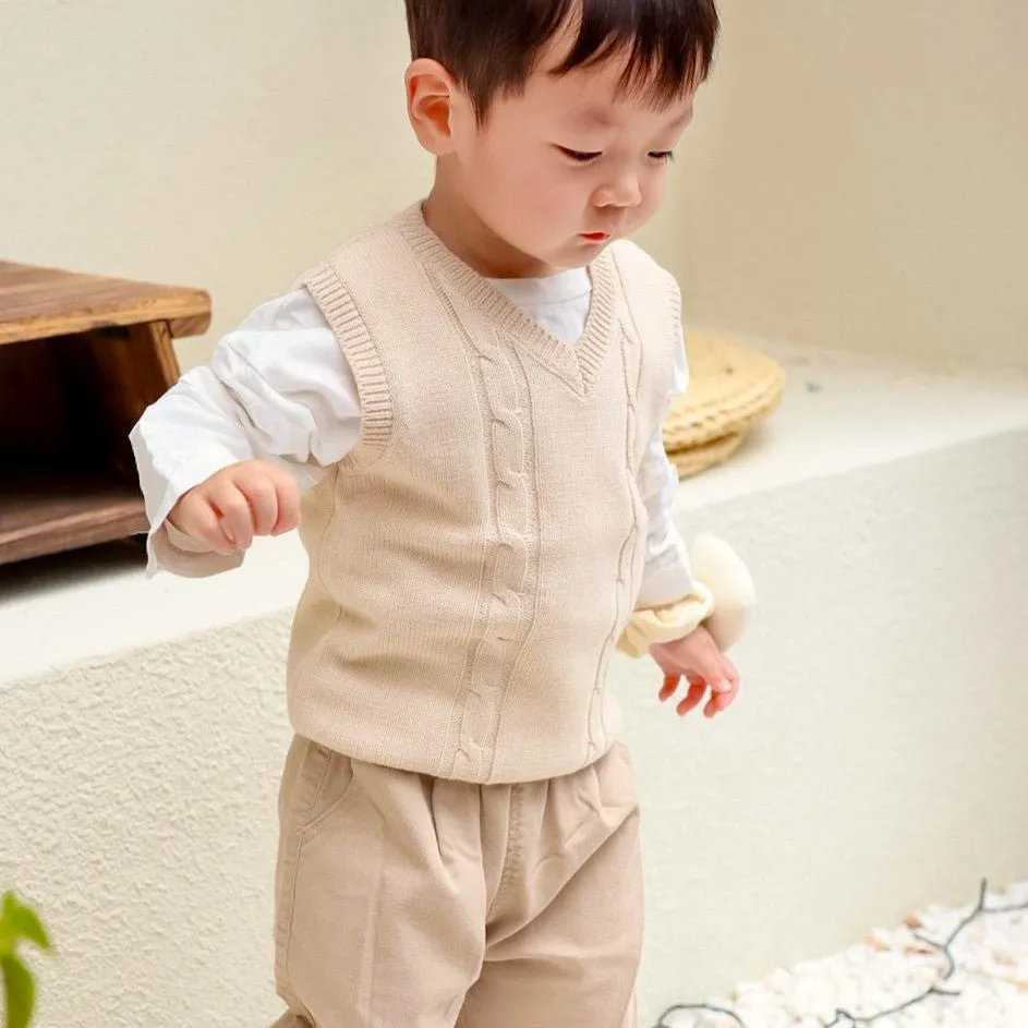 Toddler Knitted Vest: Organic V Neck Sweater Cable Knit
