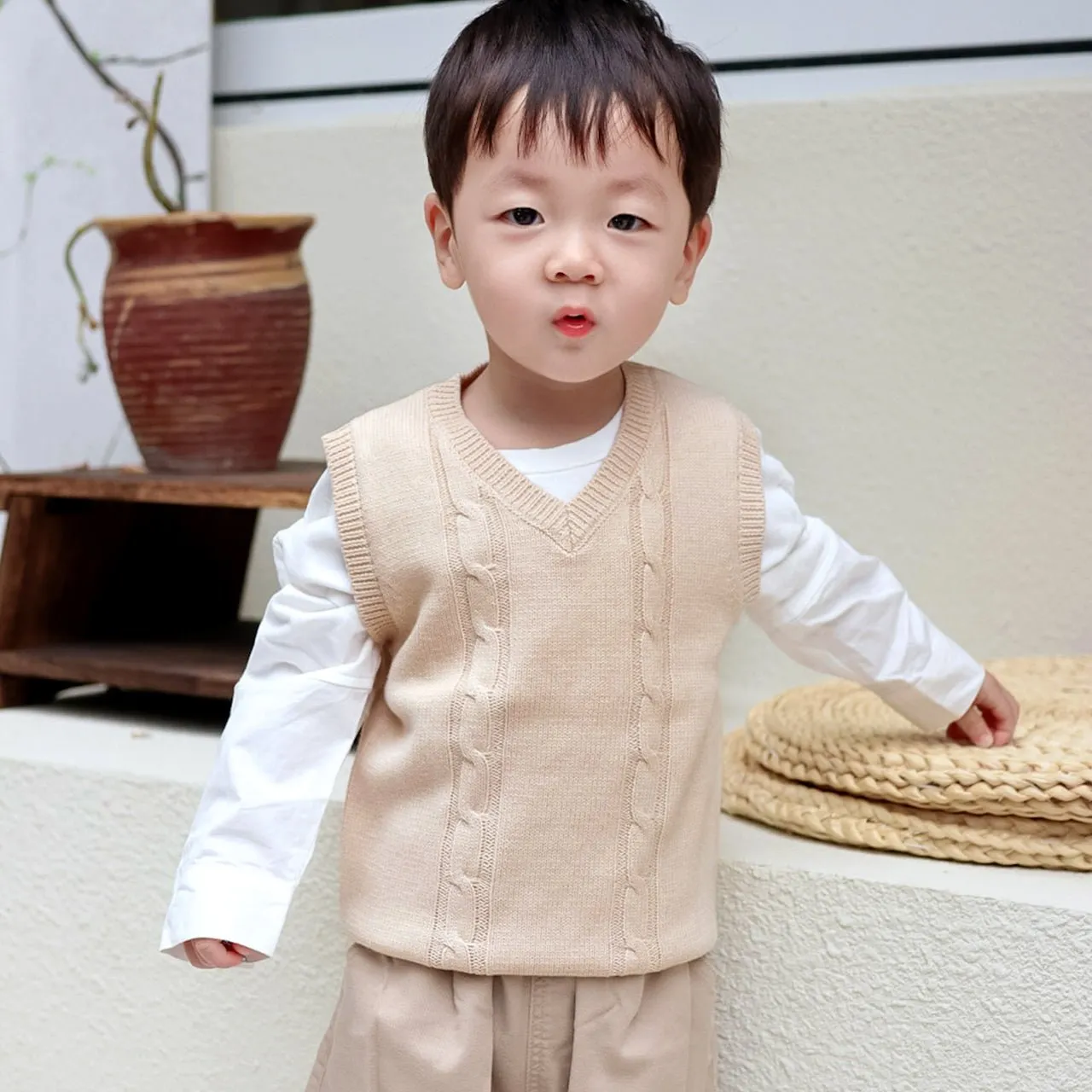Toddler Knitted Vest: Organic V Neck Sweater Cable Knit