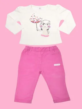 ToffyHouse Heart Umbrella Graphic Long Sleeve Tee and Pink Corduroy Pants Set for Girls