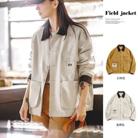 Vintage Corduroy Patchwork Coat Women Stand Collar Jacket Cotton Workwear Top Spring and Autumn Women's Top Loose Coat