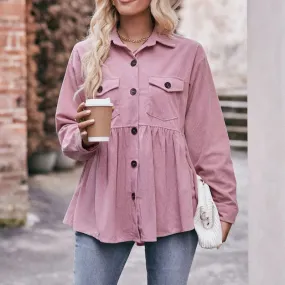 Vintage Corduroy Women's Blouse with Pockets - Single Breasted Loose Casual Streetwear