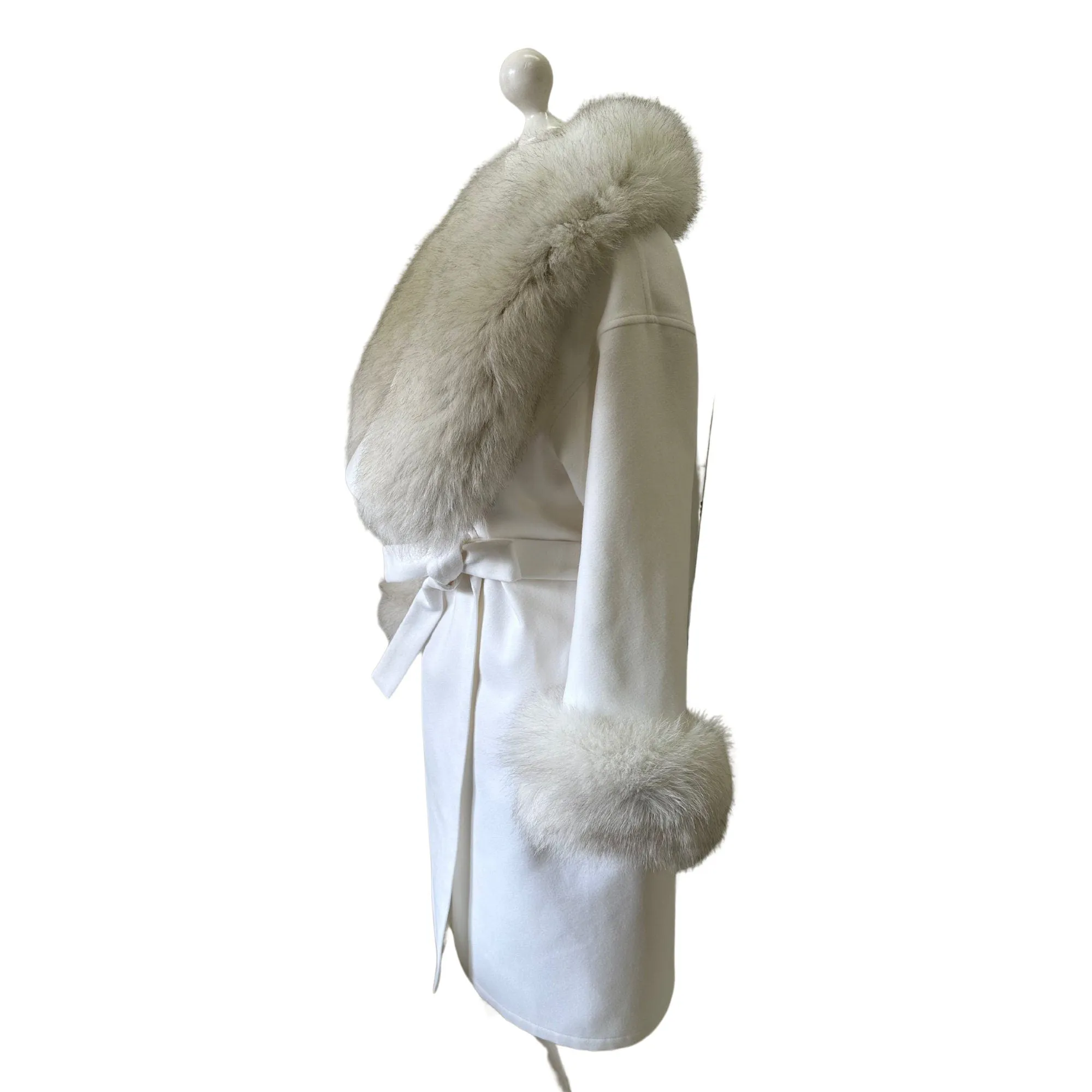 Women Ivory Cream Coat long Woolen Bland and trim arctic fox fur, Wrap elegant creamer womens event coat