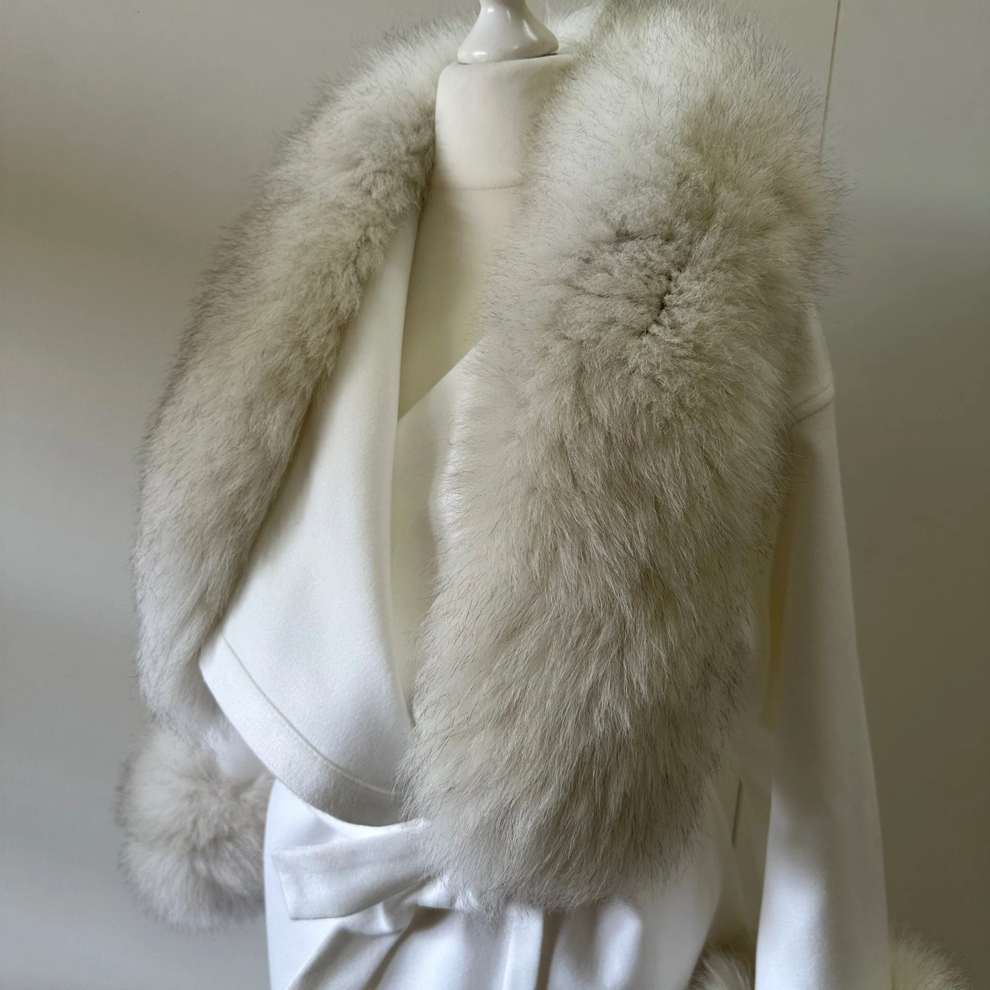 Women Ivory Cream Coat long Woolen Bland and trim arctic fox fur, Wrap elegant creamer womens event coat