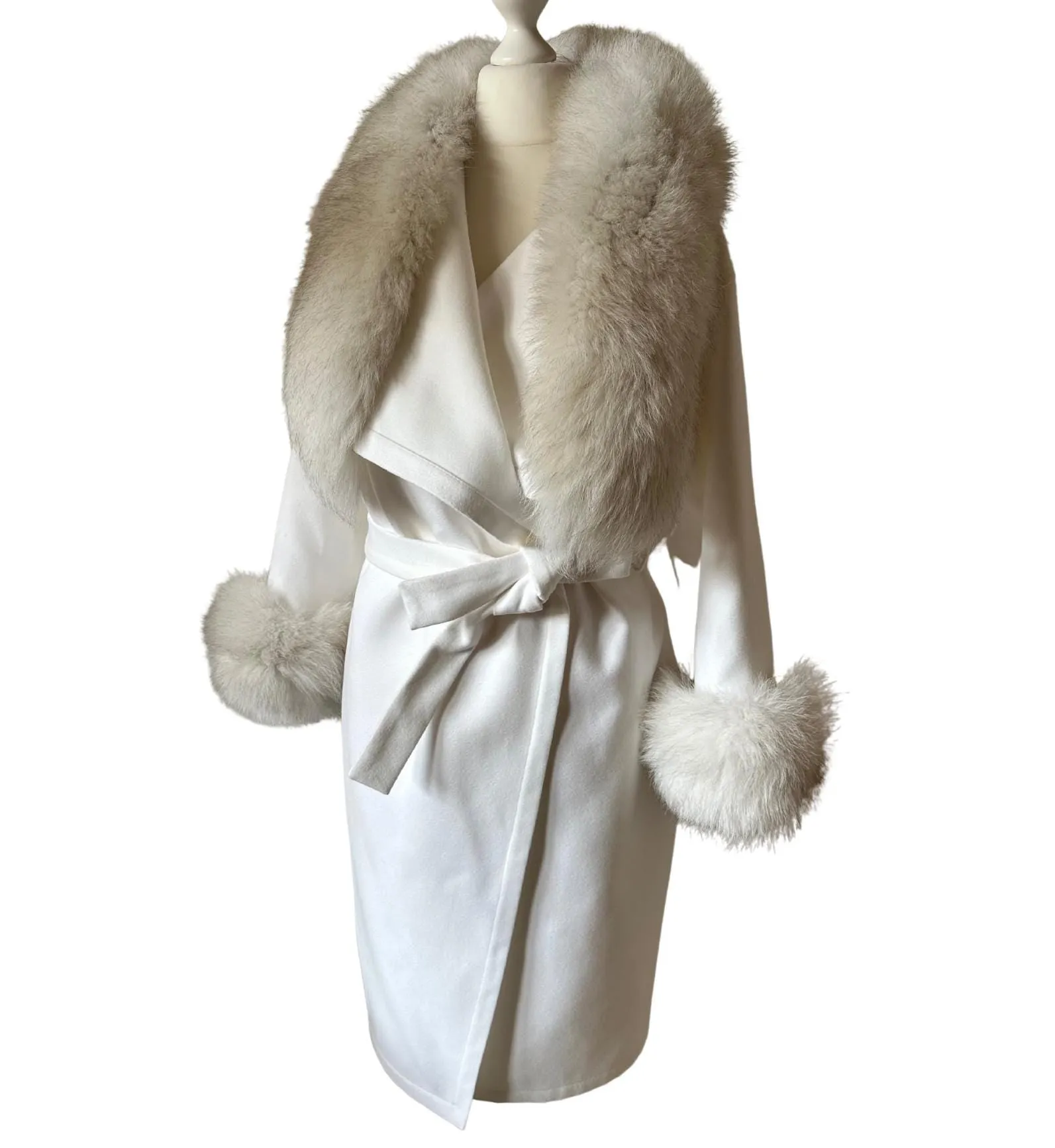 Women Ivory Cream Coat long Woolen Bland and trim arctic fox fur, Wrap elegant creamer womens event coat