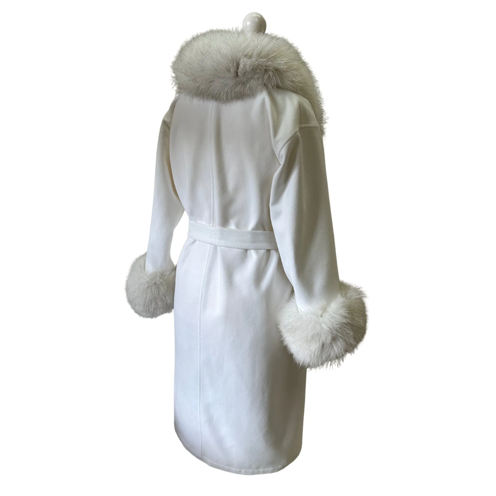 Women Ivory Cream Coat long Woolen Bland and trim arctic fox fur, Wrap elegant creamer womens event coat
