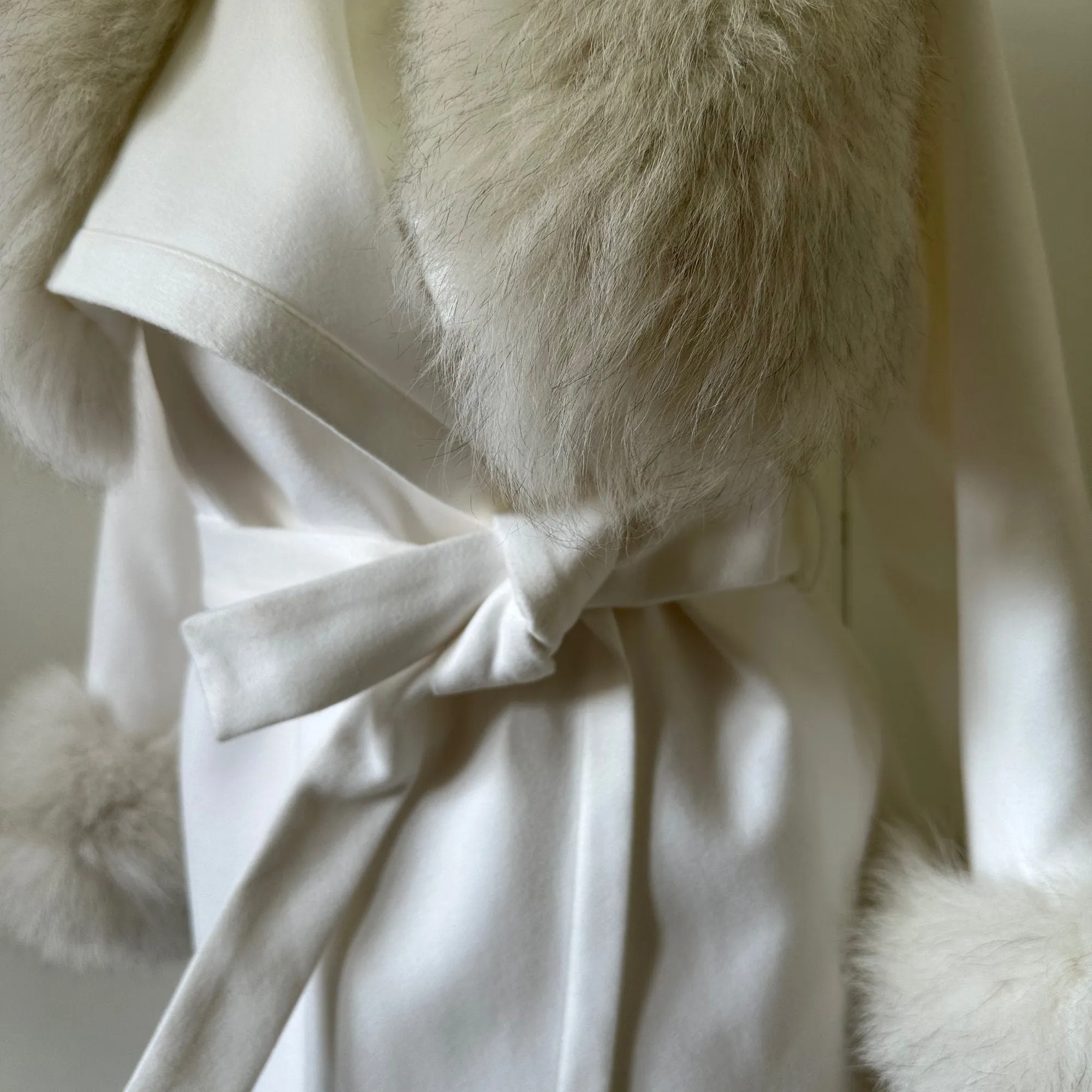 Women Ivory Cream Coat long Woolen Bland and trim arctic fox fur, Wrap elegant creamer womens event coat