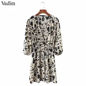 Women Vneck Snake Pattern Elastic Waist Quarter Sleeve Pleated Buttons Casual Mini Dress
