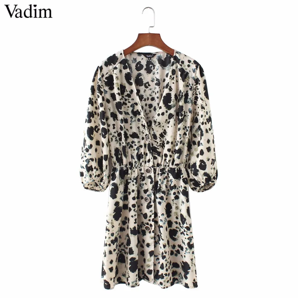 Women Vneck Snake Pattern Elastic Waist Quarter Sleeve Pleated Buttons Casual Mini Dress