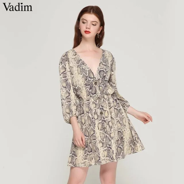 Women Vneck Snake Pattern Elastic Waist Quarter Sleeve Pleated Buttons Casual Mini Dress