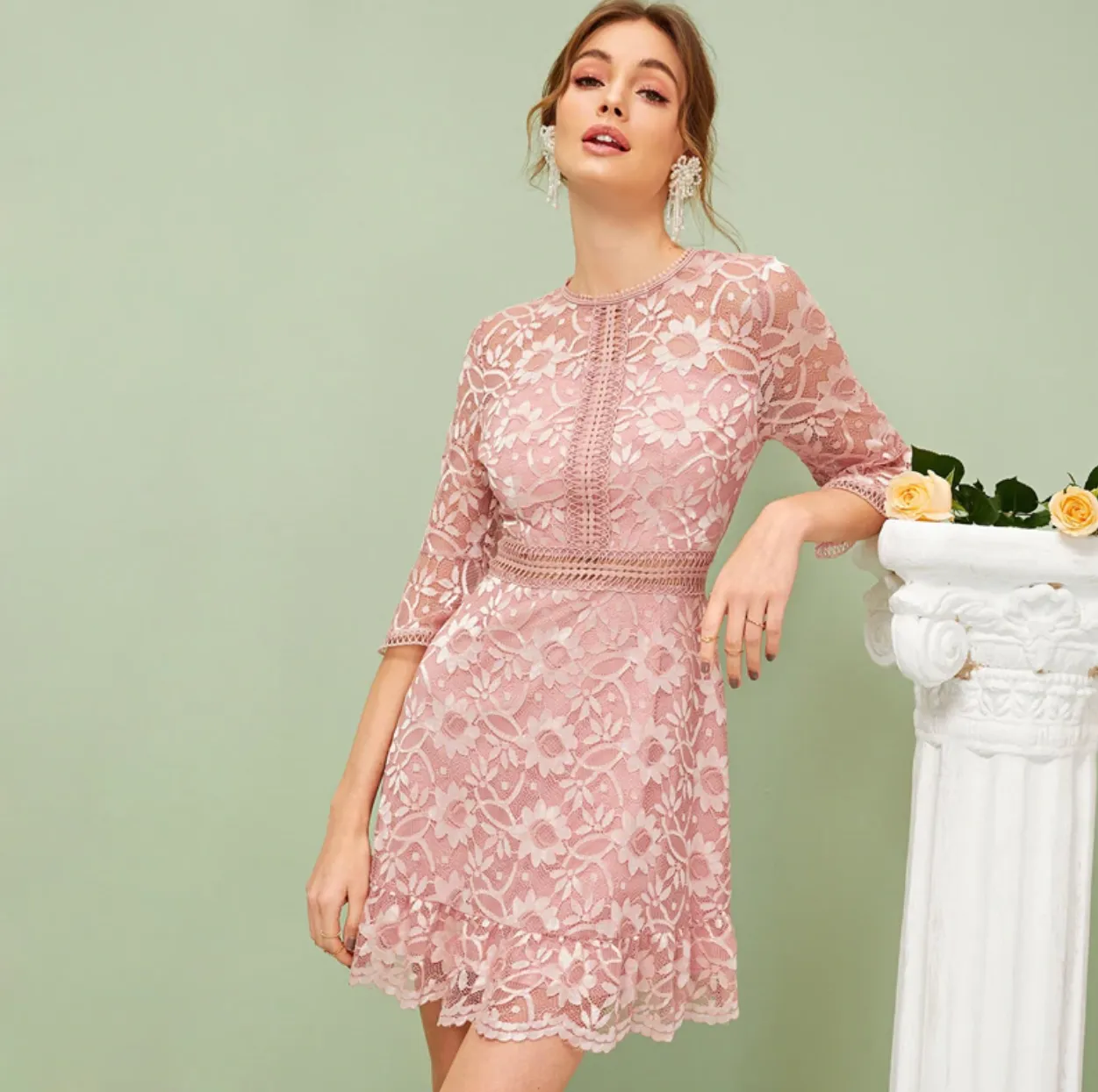 Women's Spring/Summer Lace High-Waist A-Line Dress