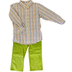 Woven Plaid Button-up Shirt & Sage Green Corduroy Pants Set