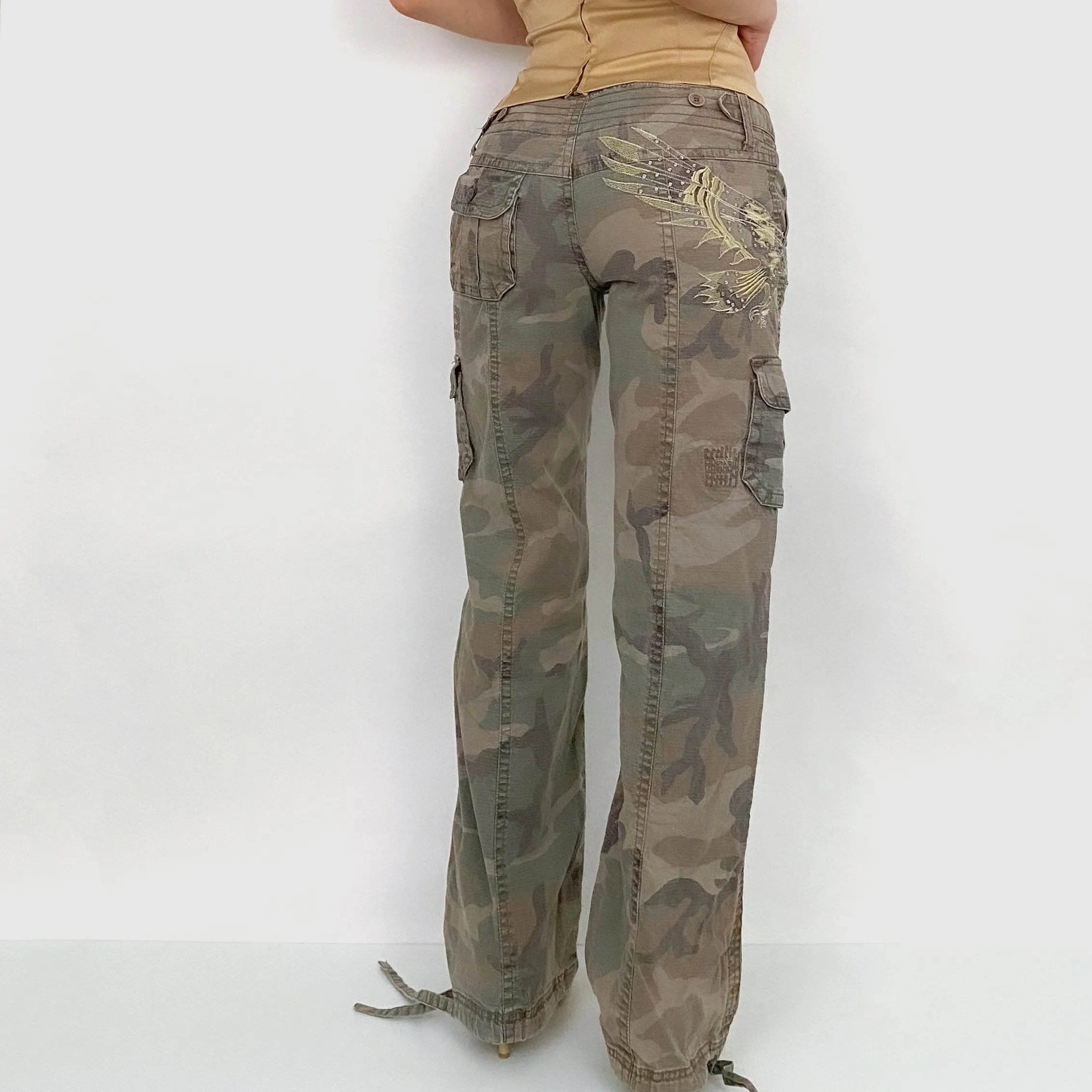 Y2K Embroidered Camo Cargos - Small