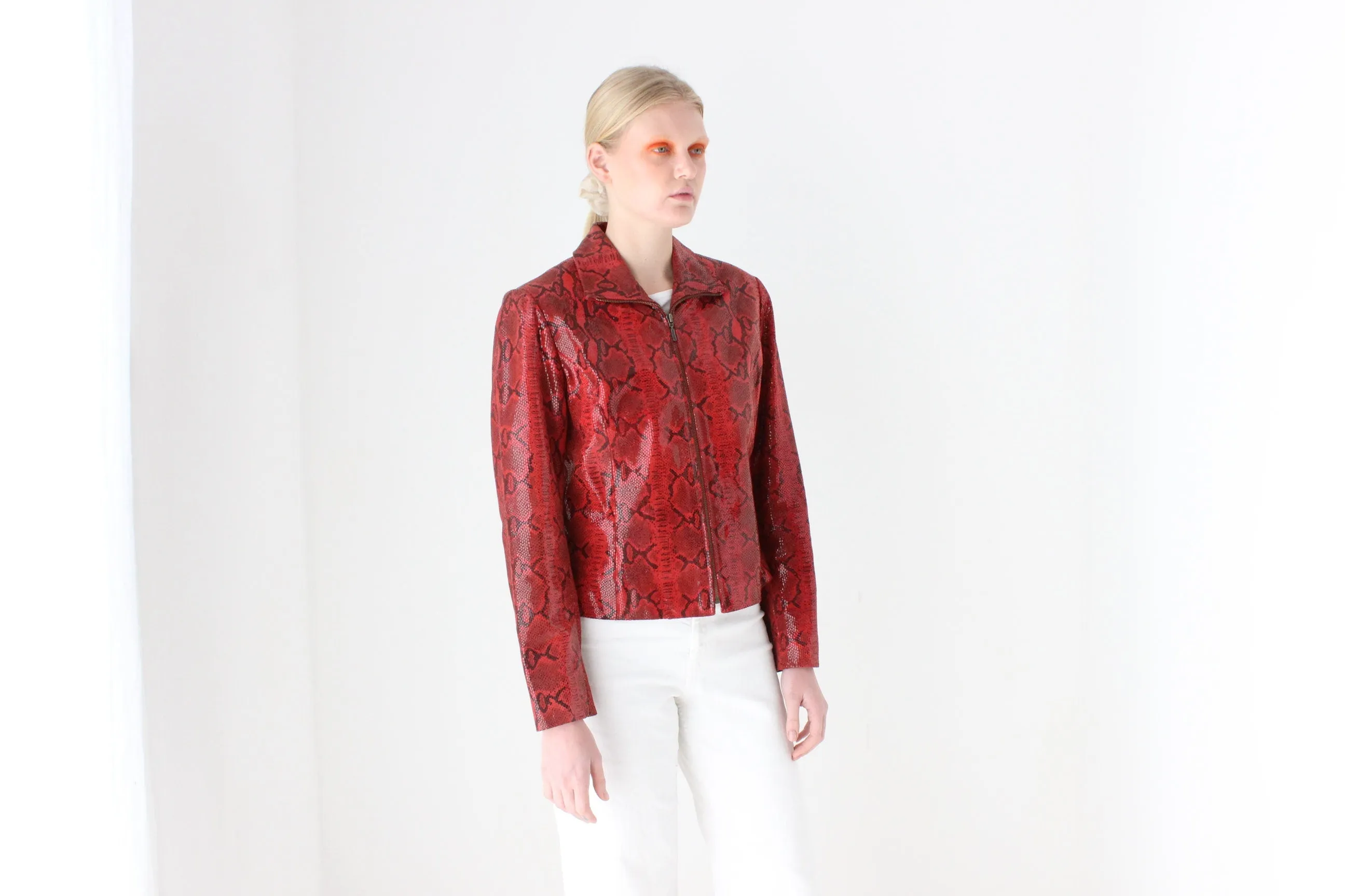 Y2K Genuine Leather Shiny Snakeskin Zip Up Bomber Jacket