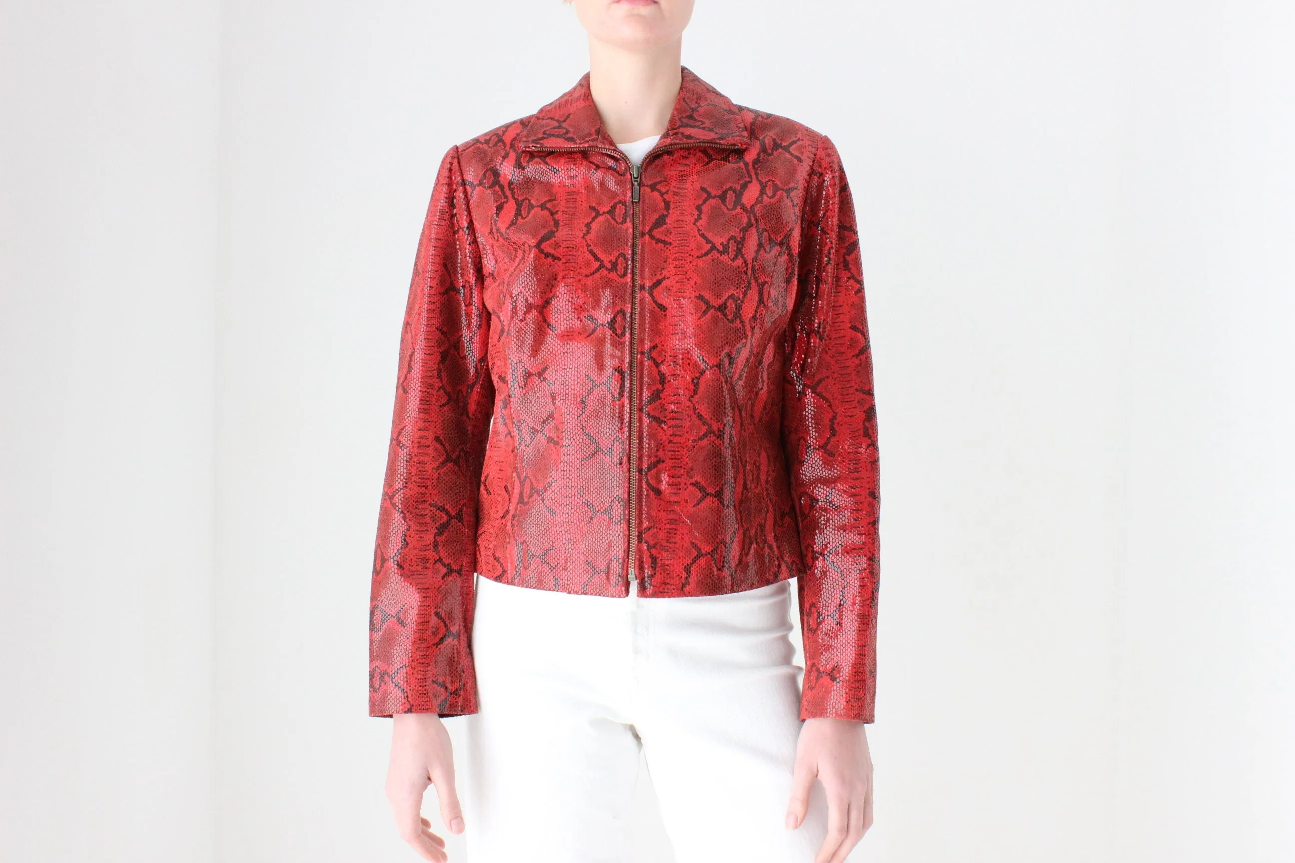 Y2K Genuine Leather Shiny Snakeskin Zip Up Bomber Jacket