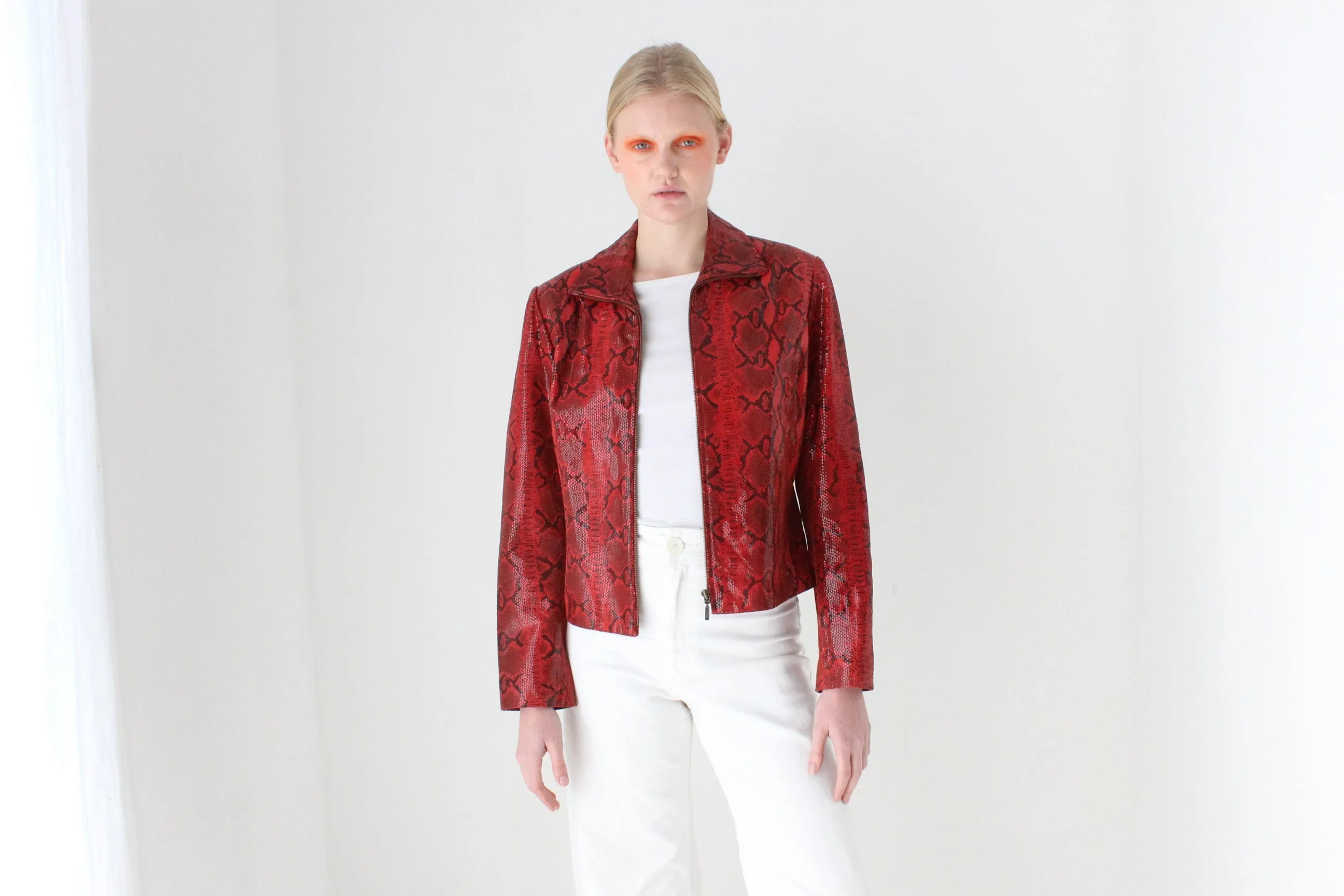 Y2K Genuine Leather Shiny Snakeskin Zip Up Bomber Jacket