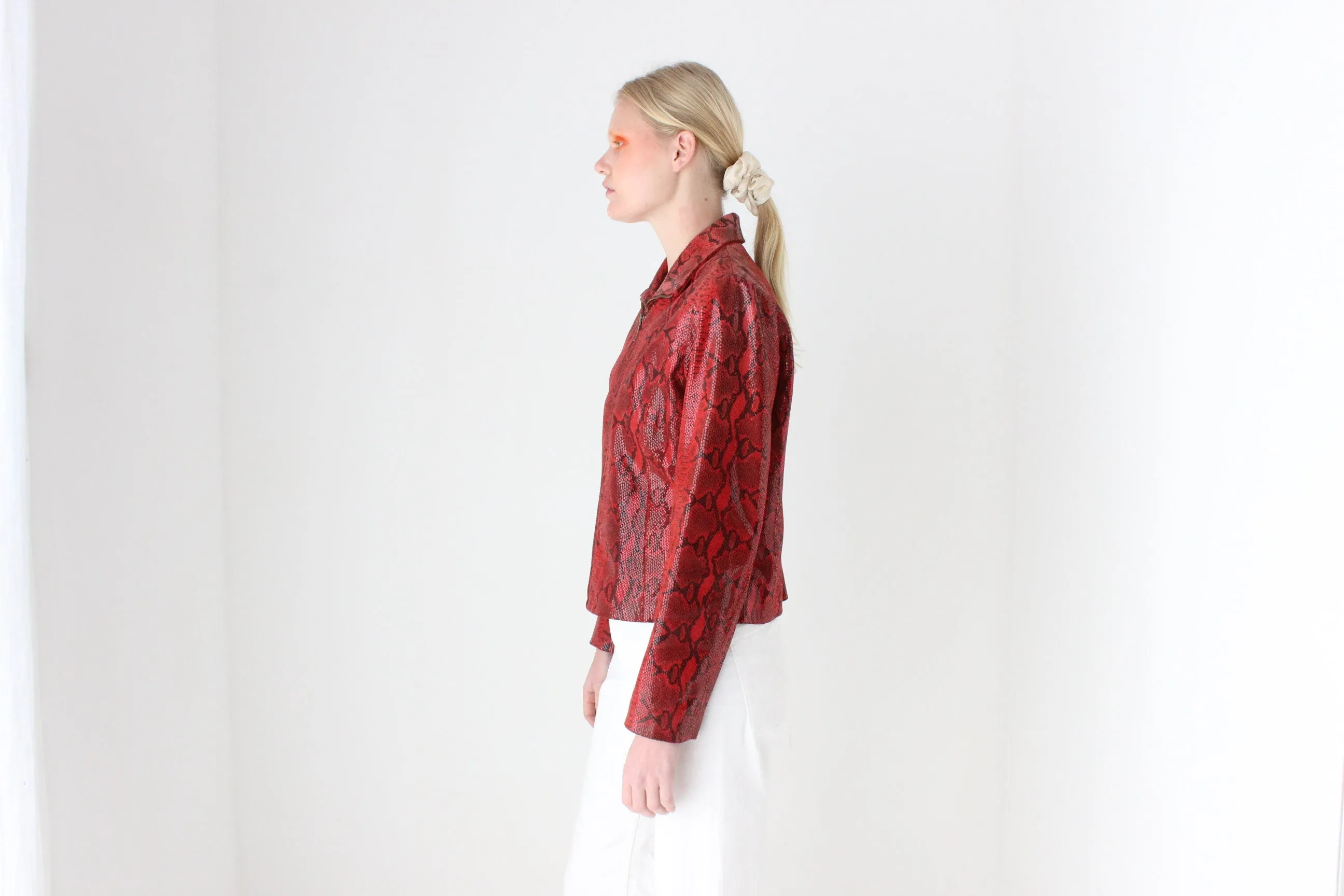 Y2K Genuine Leather Shiny Snakeskin Zip Up Bomber Jacket