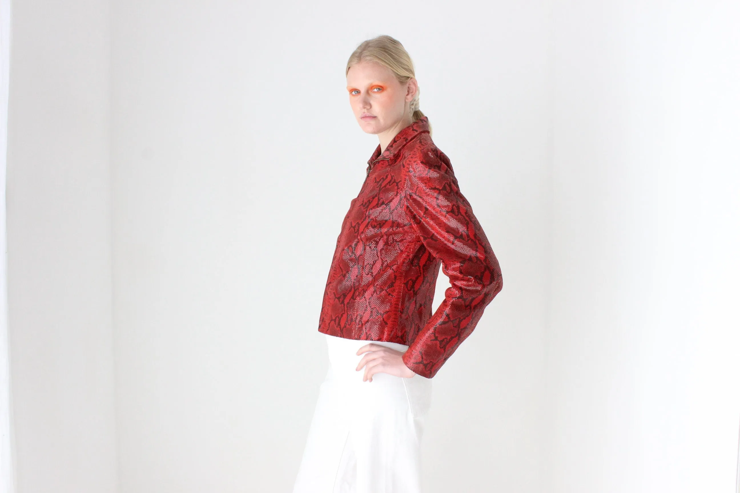 Y2K Genuine Leather Shiny Snakeskin Zip Up Bomber Jacket