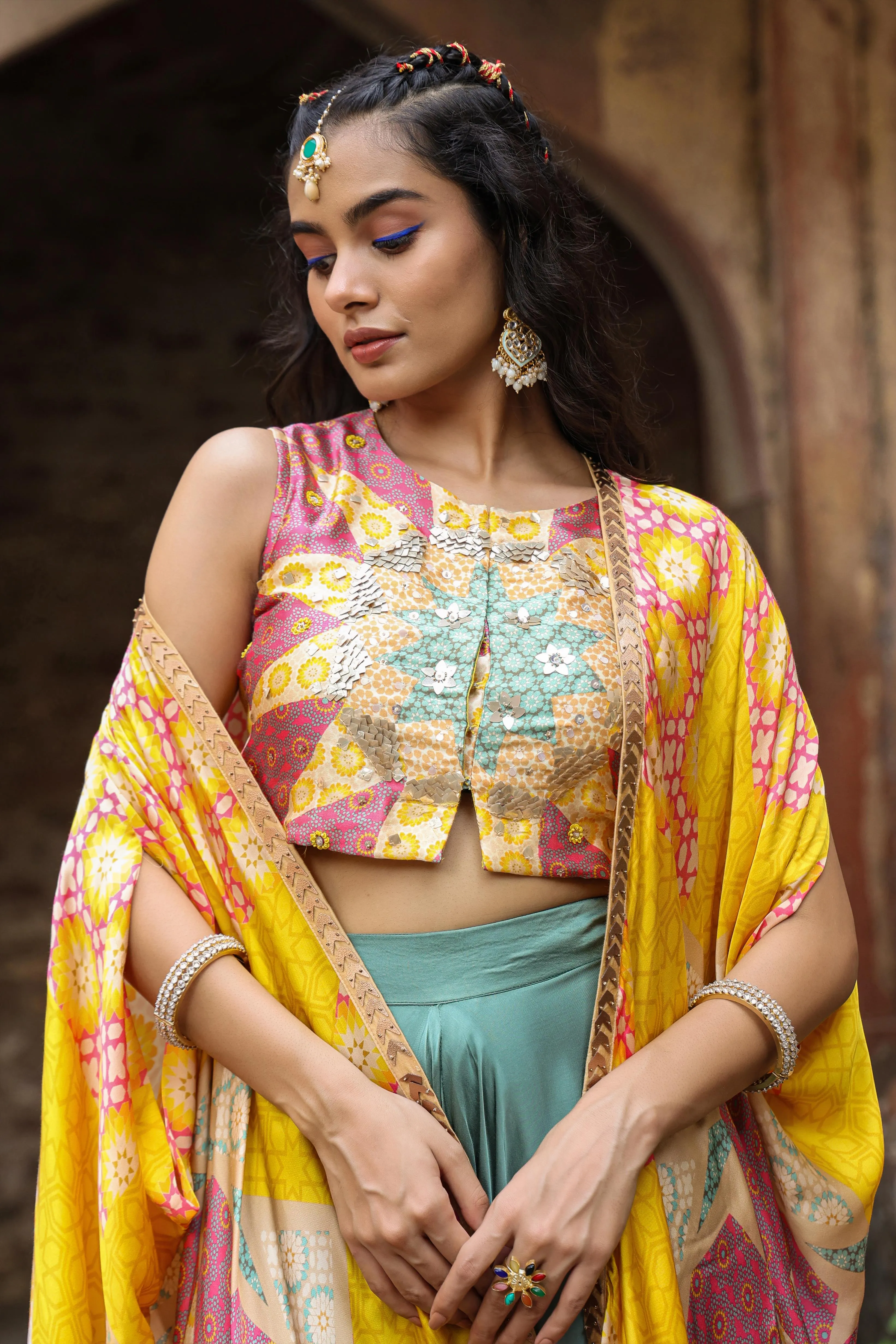 Yellow Satin Printed Choli Palazzo Cape Set
