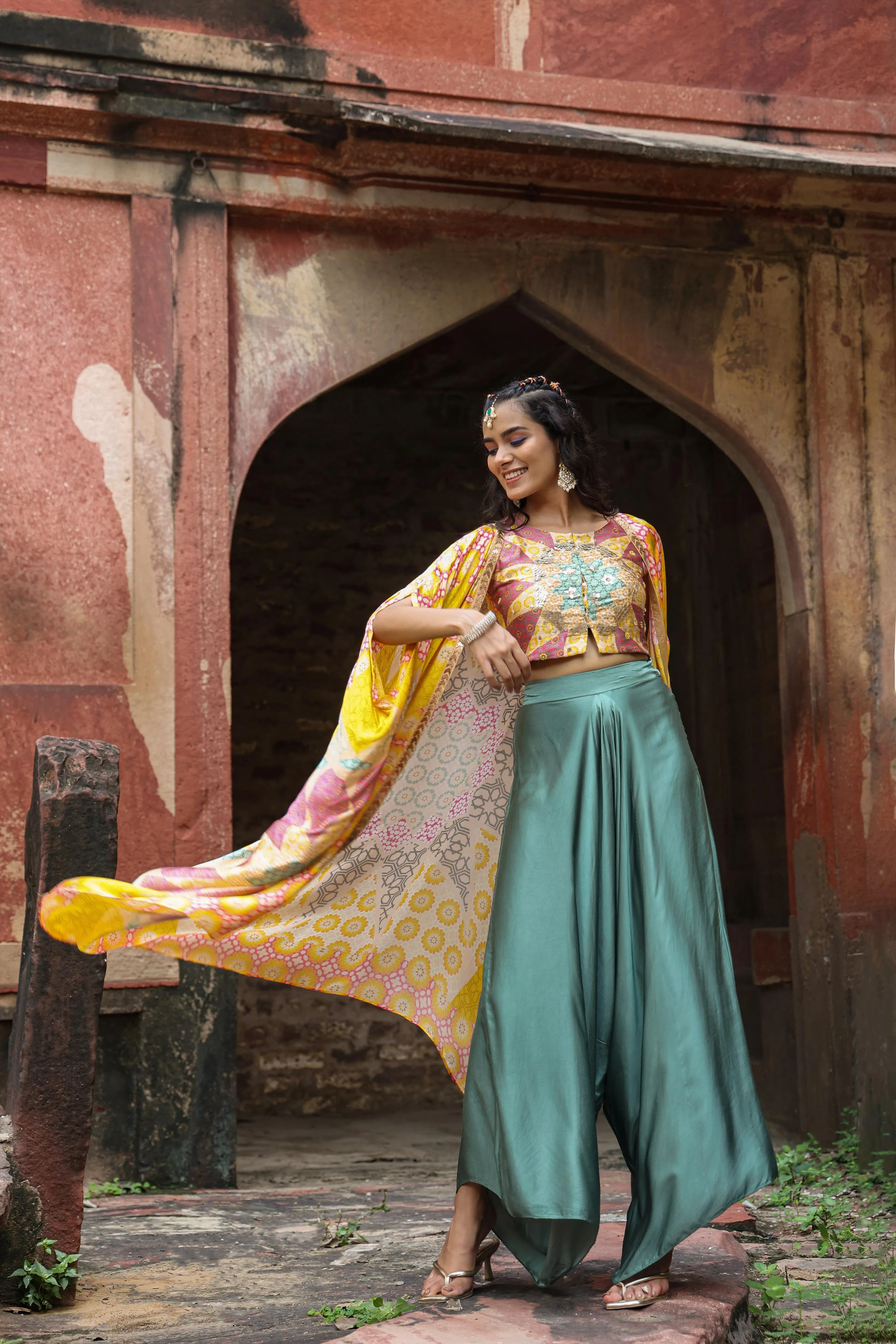 Yellow Satin Printed Choli Palazzo Cape Set