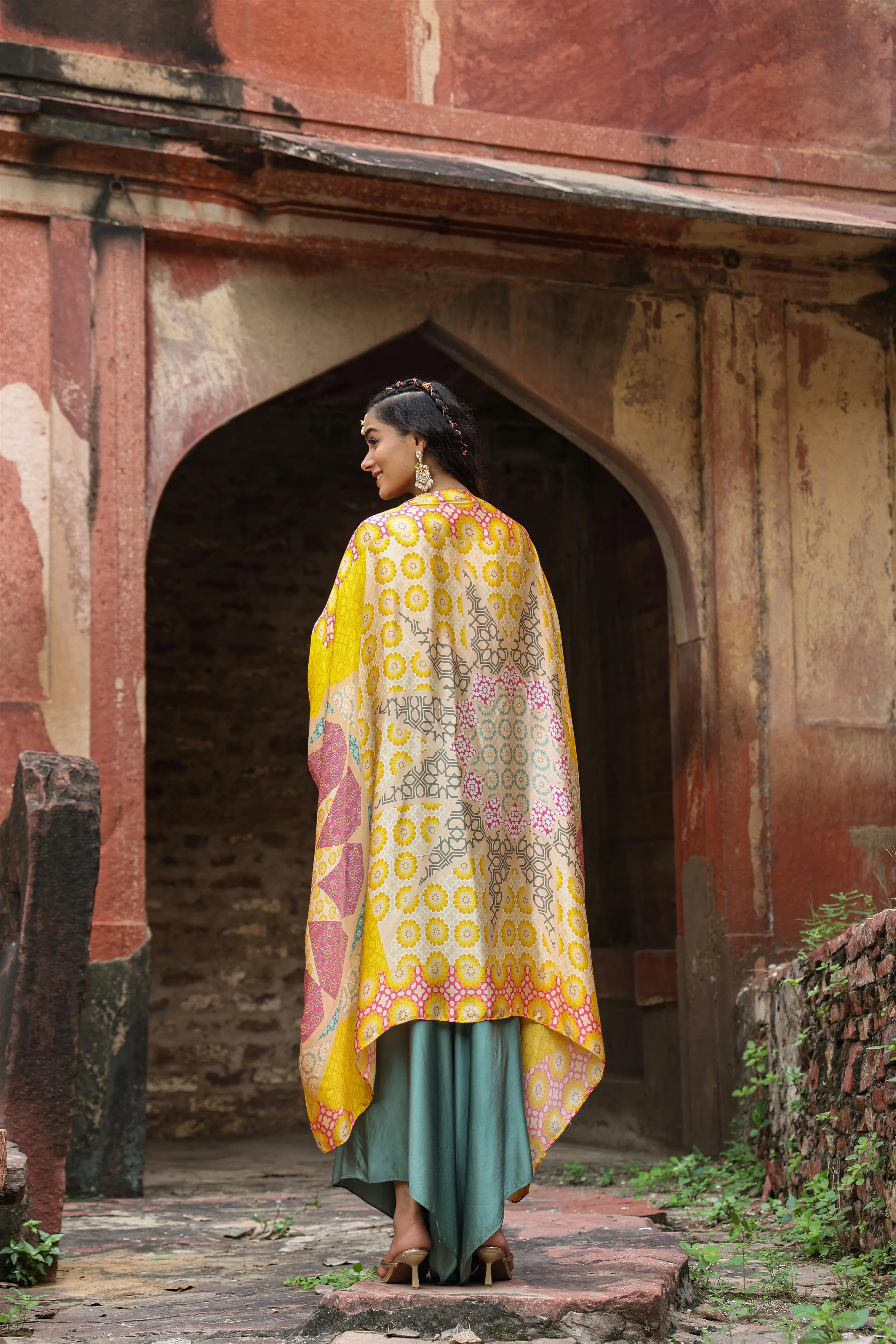 Yellow Satin Printed Choli Palazzo Cape Set