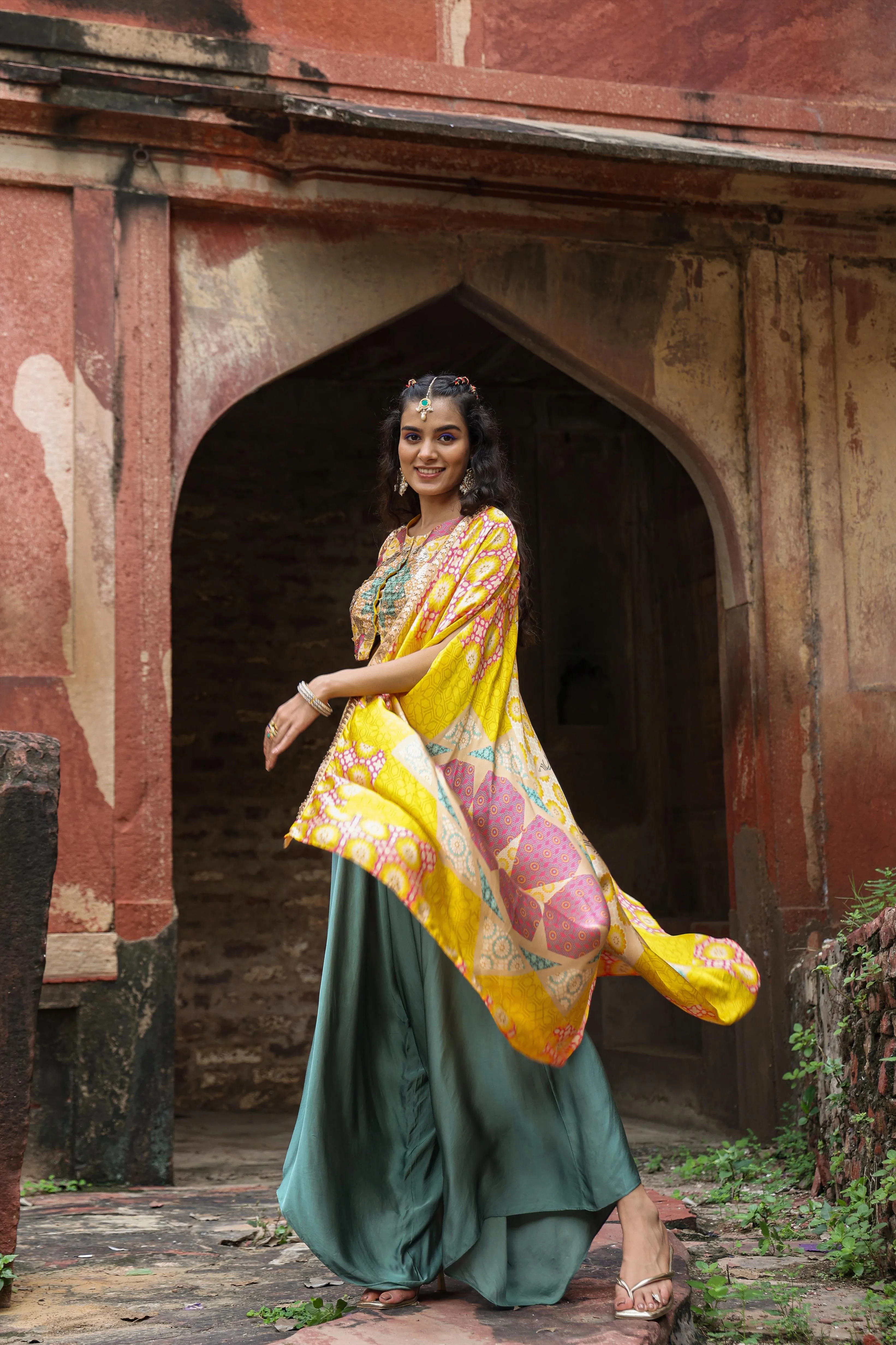Yellow Satin Printed Choli Palazzo Cape Set