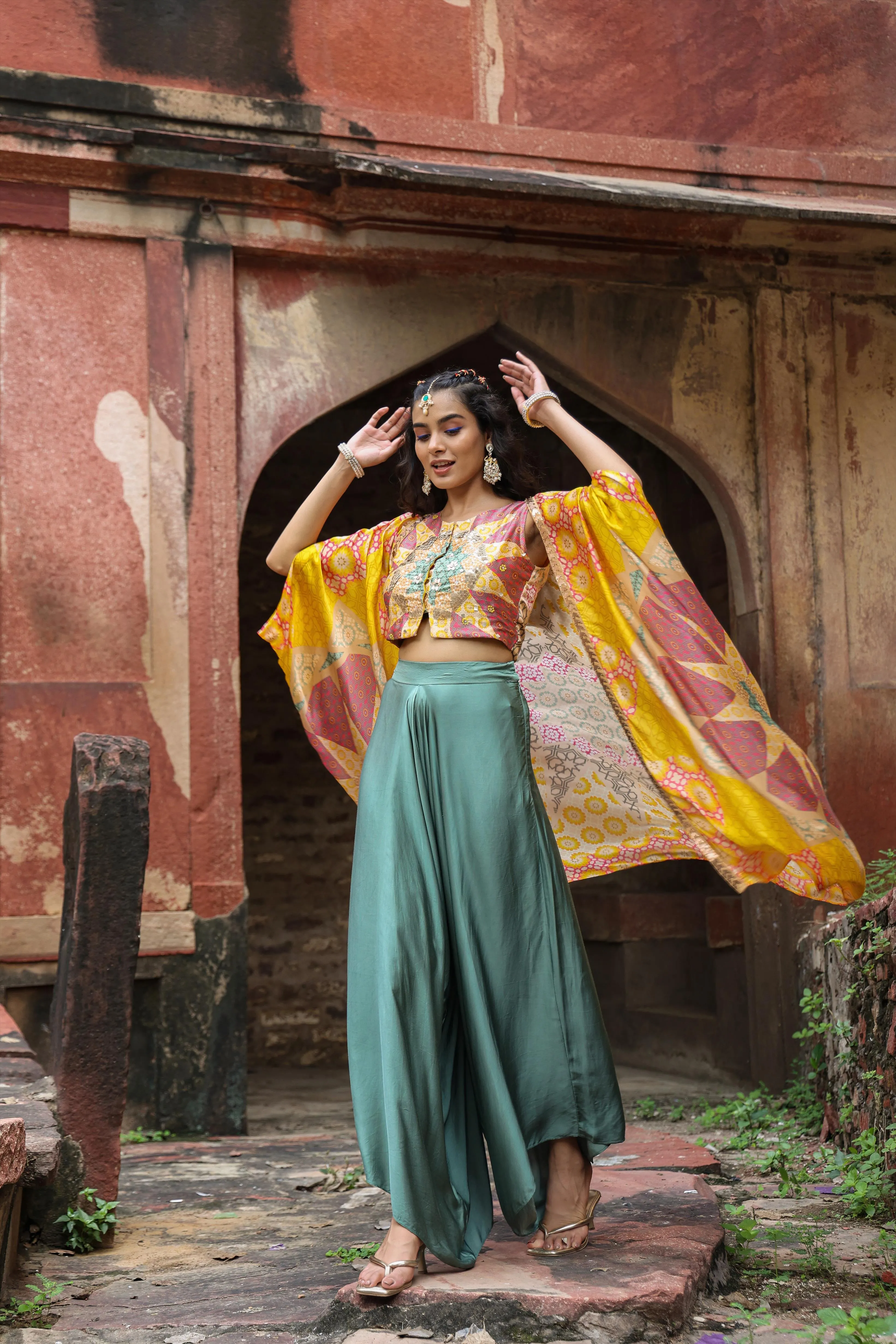 Yellow Satin Printed Choli Palazzo Cape Set