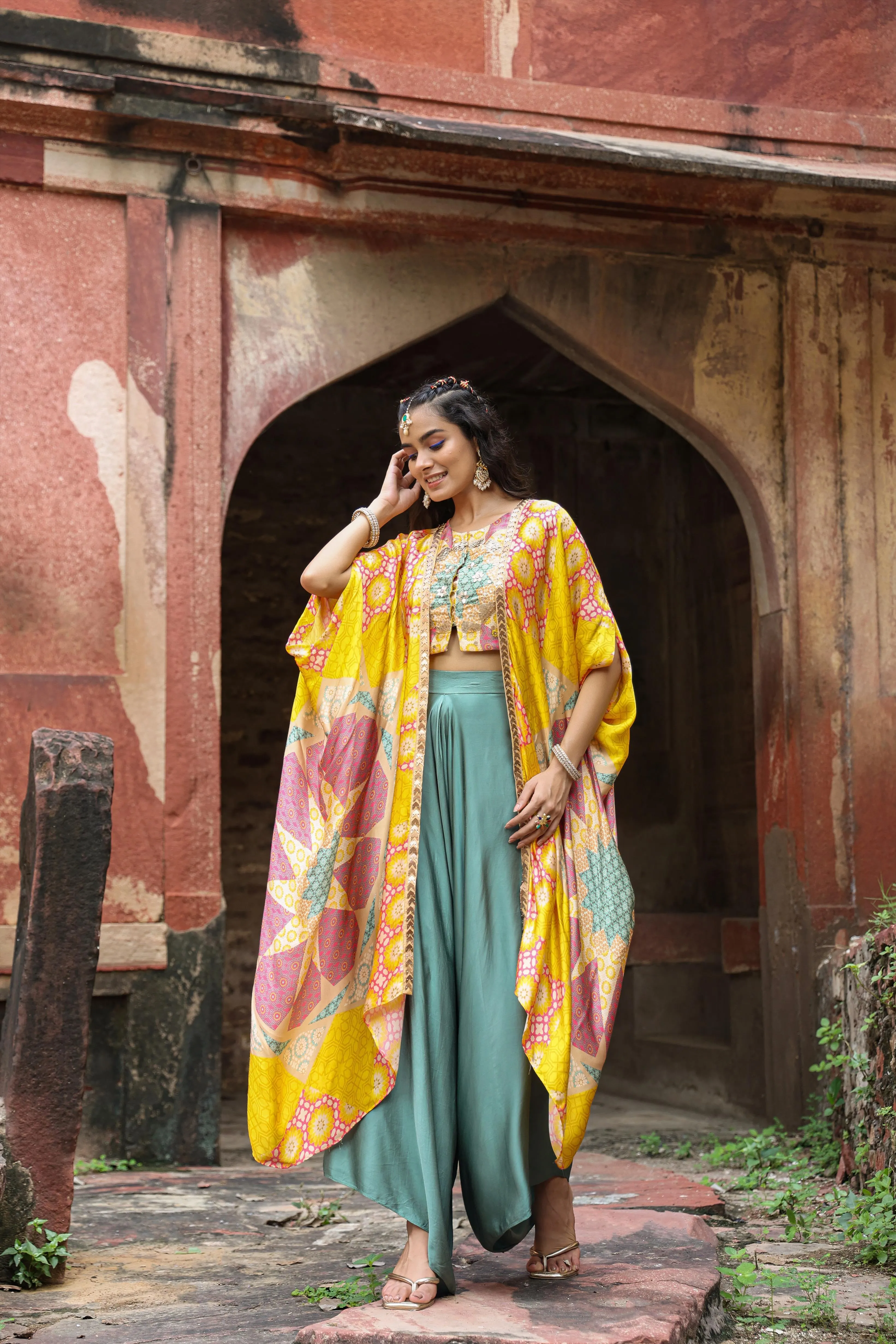 Yellow Satin Printed Choli Palazzo Cape Set
