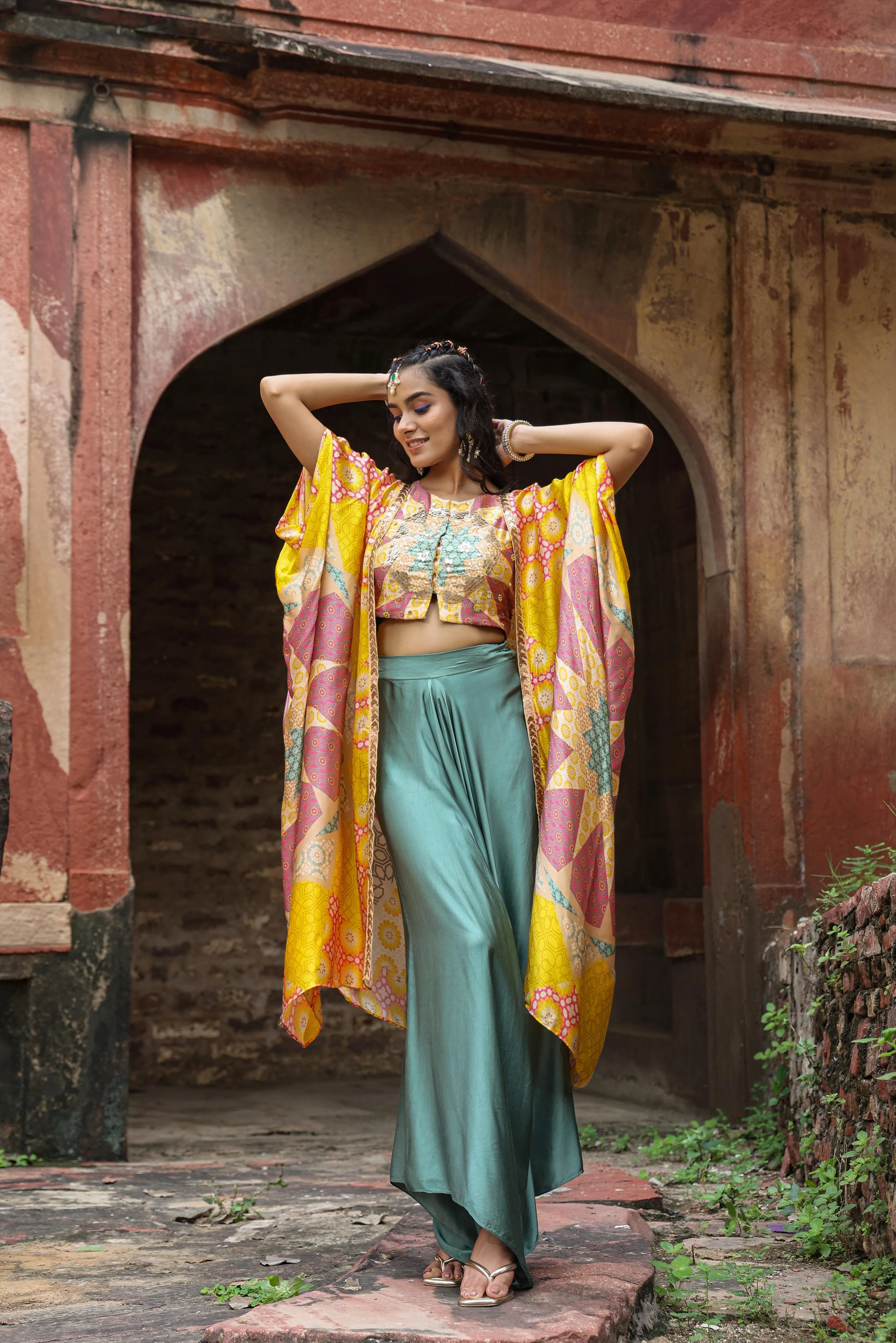 Yellow Satin Printed Choli Palazzo Cape Set