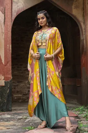 Yellow Satin Printed Choli Palazzo Cape Set