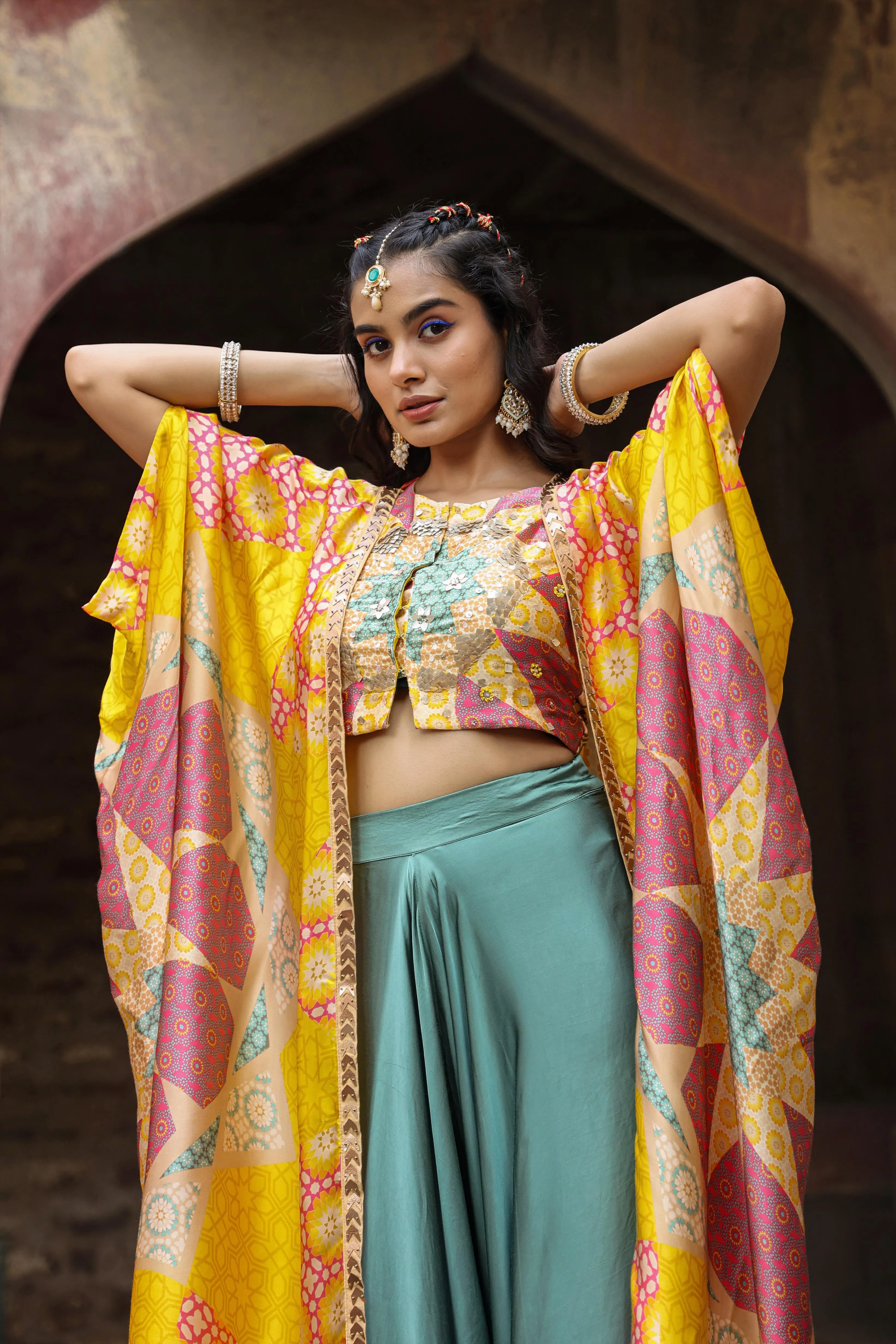 Yellow Satin Printed Choli Palazzo Cape Set