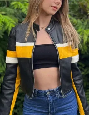 Yellow Stripe Cropped Black Leather Jacket