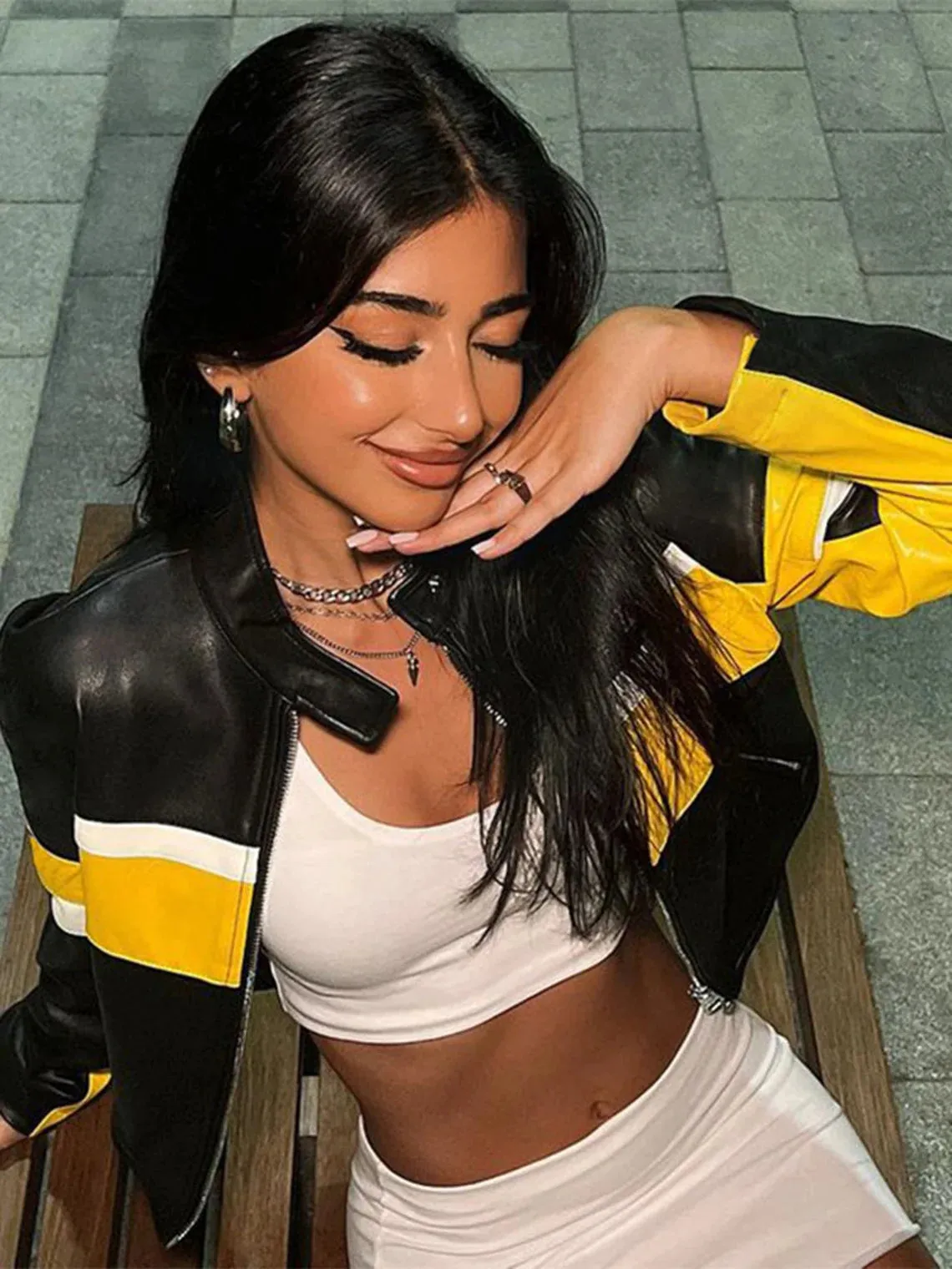 Yellow Stripe Cropped Black Leather Jacket