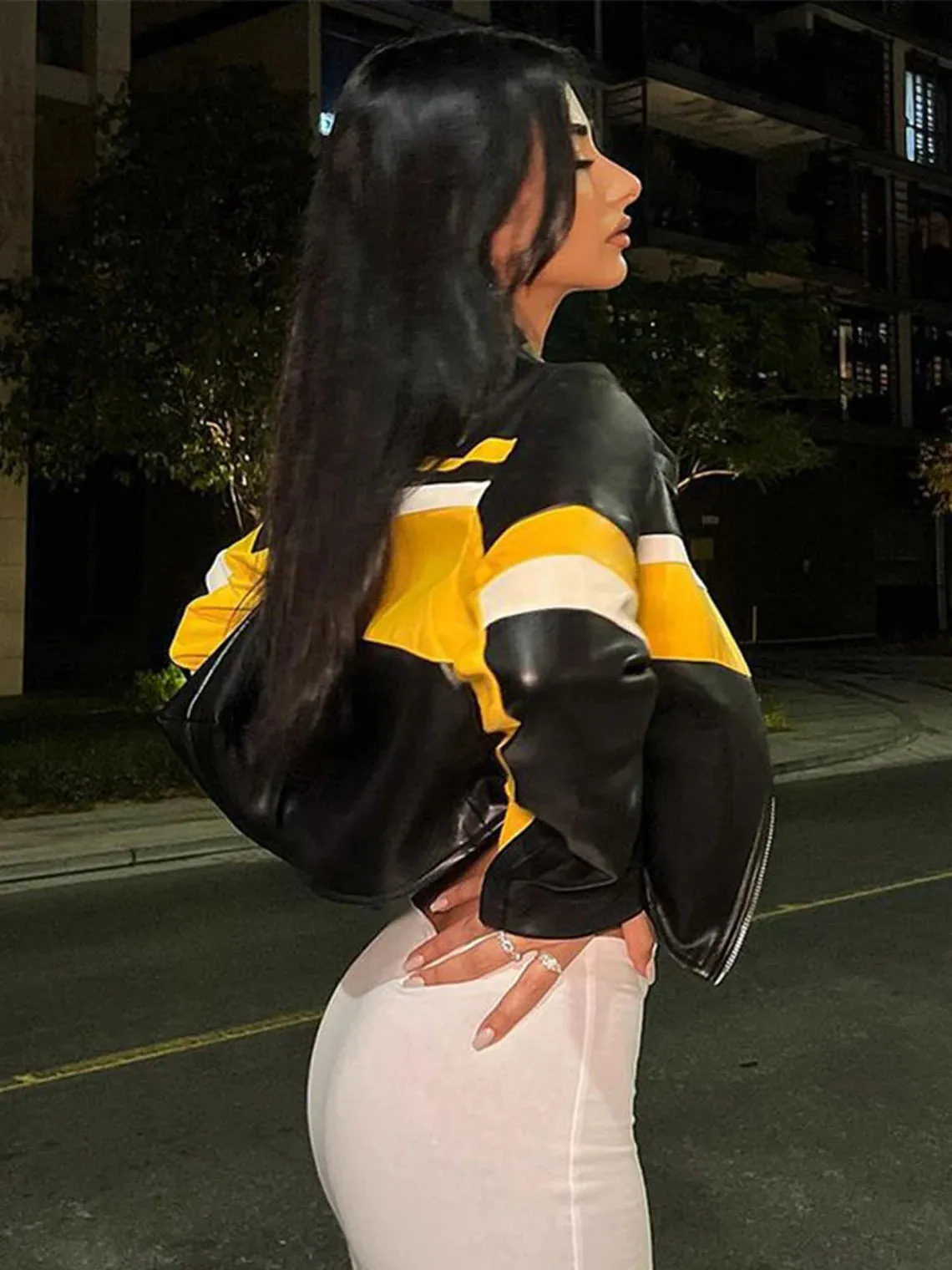 Yellow Stripe Cropped Black Leather Jacket